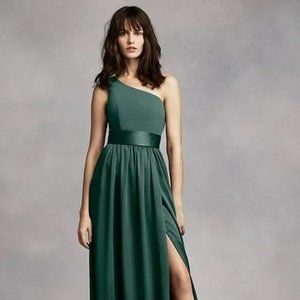 Vera Wang White Green One Shoulder Maxi Wedding Bridesmaid Dress P80